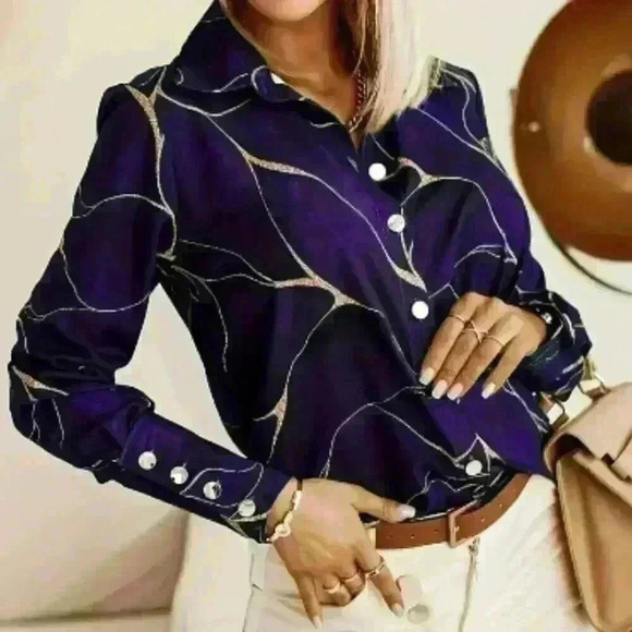 Long Sleeve Button-Down Blouse | Geometric Print | Deep Purple Size XXL/14 - Picture 5 of 7